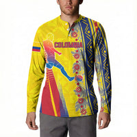 Personalized Colombia Soccer Button Sweatshirt Floral Folk Pattern - Retro Football Player Art