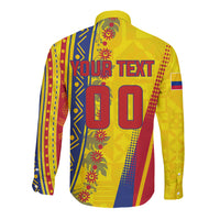 Personalized Colombia Soccer Long Sleeve Button Shirt Floral Folk Pattern - Retro Football Player Art