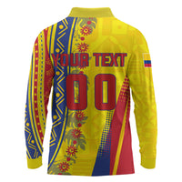 Personalized Colombia Soccer Long Sleeve Polo Shirt Floral Folk Pattern - Retro Football Player Art