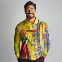 Personalized Colombia Soccer Long Sleeve Polo Shirt Floral Folk Pattern - Retro Football Player Art