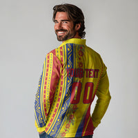 Personalized Colombia Soccer Long Sleeve Polo Shirt Floral Folk Pattern - Retro Football Player Art