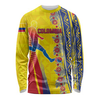 Personalized Colombia Soccer Long Sleeve Shirt Floral Folk Pattern - Retro Football Player Art