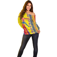 Personalized Colombia Soccer Off Shoulder Sweater Floral Folk Pattern - Retro Football Player Art