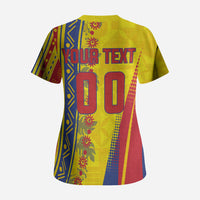 Personalized Colombia Soccer Scrub Top Floral Folk Pattern - Retro Football Player Art