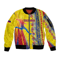 Personalized Colombia Soccer Sleeve Zip Bomber Jacket Floral Folk Pattern - Retro Football Player Art