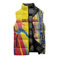 Personalized Colombia Soccer Sleeveless Puffer Jacket Floral Folk Pattern - Retro Football Player Art