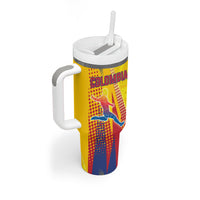 Personalized Colombia Soccer Tumbler With Handle Floral Folk Pattern - Retro Football Player Art