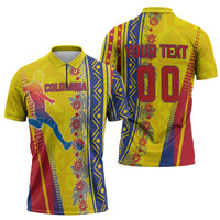 Personalized Colombia Soccer Zipper Polo Shirt Floral Folk Pattern - Retro Football Player Art