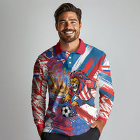 Personalized Paraguay Soccer Long Sleeve Polo Shirt Lion Football Mascot - Guarani Folk Art - Traditional Harp And Guitar