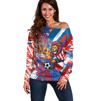 Personalized Paraguay Soccer Off Shoulder Sweater Lion Football Mascot - Guarani Folk Art - Traditional Harp And Guitar