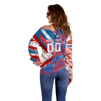 Personalized Paraguay Soccer Off Shoulder Sweater Lion Football Mascot - Guarani Folk Art - Traditional Harp And Guitar