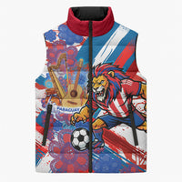 Personalized Paraguay Soccer Sleeveless Puffer Jacket Lion Football Mascot - Guarani Folk Art - Traditional Harp And Guitar