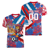 Personalized Paraguay Soccer Women V-Neck T-Shirt Lion Football Mascot - Guarani Folk Art - Traditional Harp And Guitar