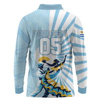 Personalized Uruguay Soccer Long Sleeve Polo Shirt Cultural Dance Drums Sun Emblem Dynamic Flag