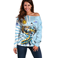 Personalized Uruguay Soccer Off Shoulder Sweater Cultural Dance Drums Sun Emblem Dynamic Flag