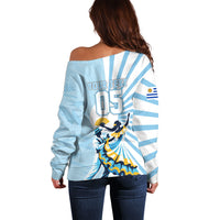 Personalized Uruguay Soccer Off Shoulder Sweater Cultural Dance Drums Sun Emblem Dynamic Flag