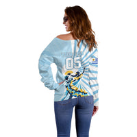 Personalized Uruguay Soccer Off Shoulder Sweater Cultural Dance Drums Sun Emblem Dynamic Flag