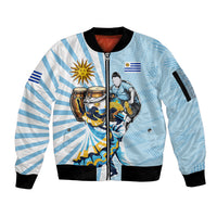 Personalized Uruguay Soccer Sleeve Zip Bomber Jacket Cultural Dance Drums Sun Emblem Dynamic Flag