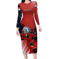 Personalized Panama Football Long Sleeve Bodycon Dress Los Canaleros Harpy Eagle Mascot - National Flag Colors