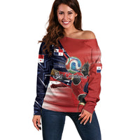 Personalized Panama Football Off Shoulder Sweater Los Canaleros Harpy Eagle Mascot - National Flag Colors