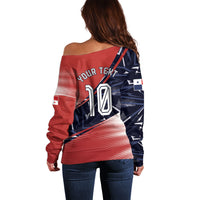 Personalized Panama Football Off Shoulder Sweater Los Canaleros Harpy Eagle Mascot - National Flag Colors
