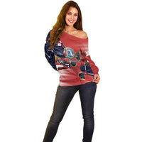 Personalized Panama Football Off Shoulder Sweater Los Canaleros Harpy Eagle Mascot - National Flag Colors