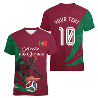 Personalized Portugal Football Selecao Das Quinas Women V-Neck T-Shirt Iconic Soccer Player Illustration With Portugal Flag
