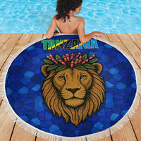 Tanzania Simba Lion Beach Blanket with Floral Crown and Blue Mosaic Design