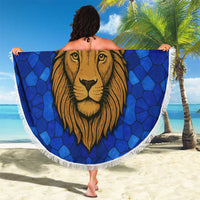 Tanzania Simba Lion Beach Blanket with Floral Crown and Blue Mosaic Design
