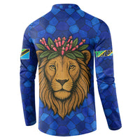 Tanzania Simba Lion Button Sweatshirt with Floral Crown and Blue Mosaic Design
