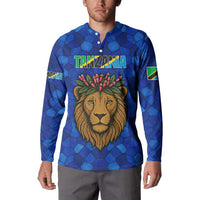 Tanzania Simba Lion Button Sweatshirt with Floral Crown and Blue Mosaic Design