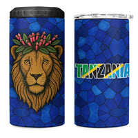Tanzania Simba Lion 4 in 1 Can Cooler Tumbler with Floral Crown and Blue Mosaic Design