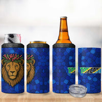 Tanzania Simba Lion 4 in 1 Can Cooler Tumbler with Floral Crown and Blue Mosaic Design