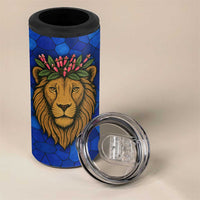 Tanzania Simba Lion 4 in 1 Can Cooler Tumbler with Floral Crown and Blue Mosaic Design