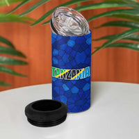 Tanzania Simba Lion 4 in 1 Can Cooler Tumbler with Floral Crown and Blue Mosaic Design