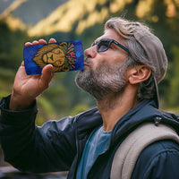 Tanzania Simba Lion 4 in 1 Can Cooler Tumbler with Floral Crown and Blue Mosaic Design