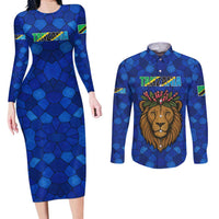 Tanzania Simba Lion Couples Matching Long Sleeve Bodycon Dress and Long Sleeve Button Shirt with Floral Crown and Blue Mosaic Design