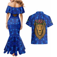 Tanzania Simba Lion Couples Matching Mermaid Dress and Hawaiian Shirt with Floral Crown and Blue Mosaic Design