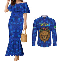Tanzania Simba Lion Couples Matching Mermaid Dress and Long Sleeve Button Shirt with Floral Crown and Blue Mosaic Design
