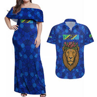 Tanzania Simba Lion Couples Matching Off Shoulder Maxi Dress and Hawaiian Shirt with Floral Crown and Blue Mosaic Design