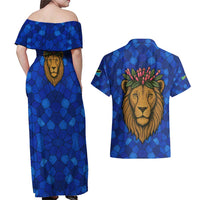 Tanzania Simba Lion Couples Matching Off Shoulder Maxi Dress and Hawaiian Shirt with Floral Crown and Blue Mosaic Design