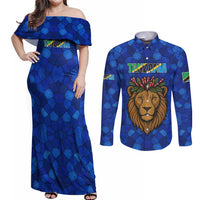 Tanzania Simba Lion Couples Matching Off Shoulder Maxi Dress and Long Sleeve Button Shirt with Floral Crown and Blue Mosaic Design
