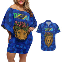 Tanzania Simba Lion Couples Matching Off Shoulder Short Dress and Hawaiian Shirt with Floral Crown and Blue Mosaic Design