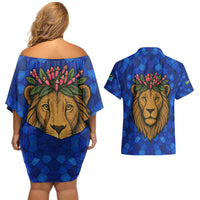 Tanzania Simba Lion Couples Matching Off Shoulder Short Dress and Hawaiian Shirt with Floral Crown and Blue Mosaic Design