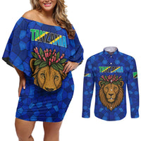Tanzania Simba Lion Couples Matching Off Shoulder Short Dress and Long Sleeve Button Shirt with Floral Crown and Blue Mosaic Design