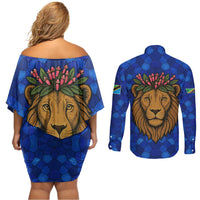 Tanzania Simba Lion Couples Matching Off Shoulder Short Dress and Long Sleeve Button Shirt with Floral Crown and Blue Mosaic Design