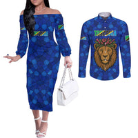 Tanzania Simba Lion Couples Matching Off The Shoulder Long Sleeve Dress and Long Sleeve Button Shirt with Floral Crown and Blue Mosaic Design