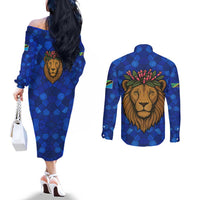 Tanzania Simba Lion Couples Matching Off The Shoulder Long Sleeve Dress and Long Sleeve Button Shirt with Floral Crown and Blue Mosaic Design