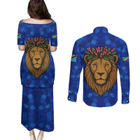 Tanzania Simba Lion Couples Matching Puletasi and Long Sleeve Button Shirt with Floral Crown and Blue Mosaic Design