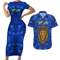 Tanzania Simba Lion Couples Matching Short Sleeve Bodycon Dress and Hawaiian Shirt with Floral Crown and Blue Mosaic Design